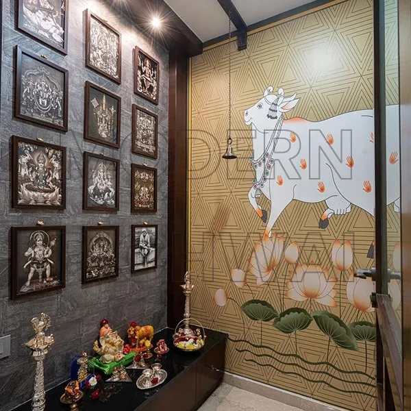 A Beautiful Contemporary Digital Pichwai Nandi Wallpaper for Pooja Room Wall Decoration