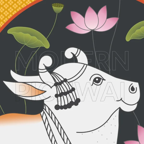 A Beautiful Contemporary Digital Pichwai Nandi with Lotus Artwork For Pooja Room