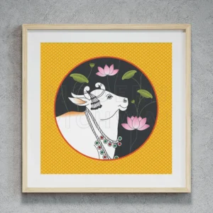 A Beautiful Contemporary Digital Pichwai Nandi with Lotus Artwork For Pooja Room
