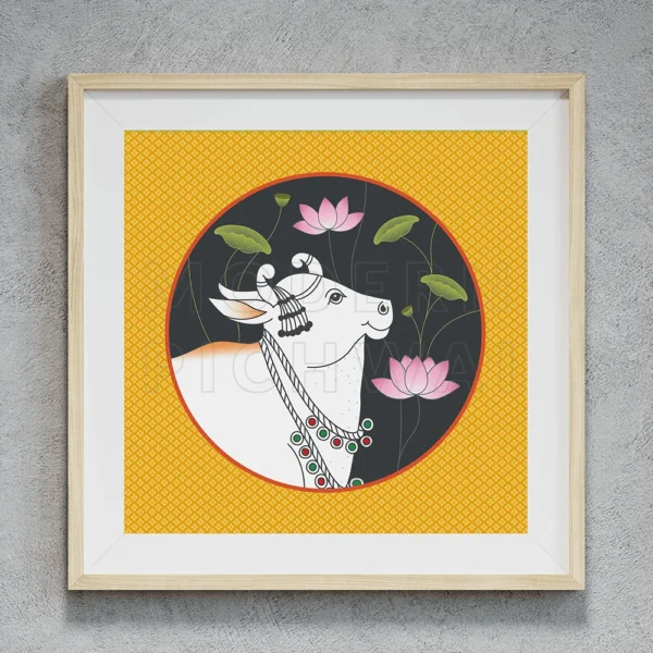 A Beautiful Contemporary Digital Pichwai Nandi with Lotus Artwork For Pooja Room
