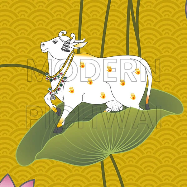 A Beautiful Contemporary Digital Pichwai Painting with Nandi and Lotus for Home wall Decor