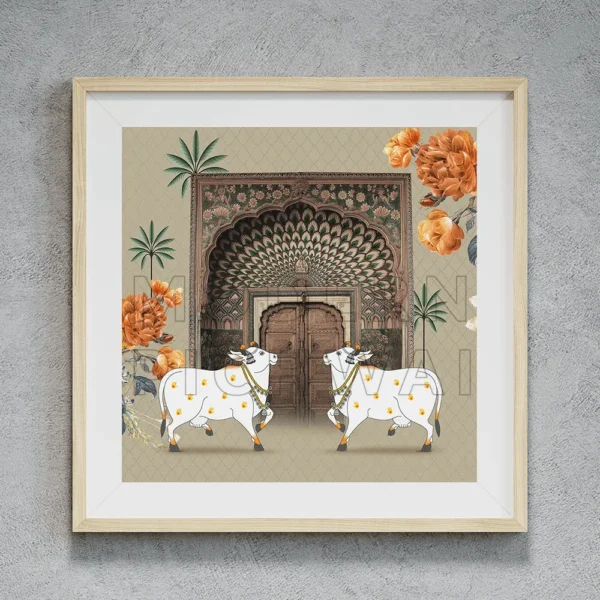 A Beautiful Contemporary Pichwai Nandi with Traditional Gate and Flowers Background