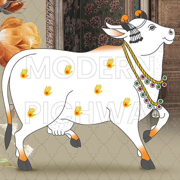 A Beautiful Contemporary Pichwai Nandi with Traditional Gate and Flowers Background