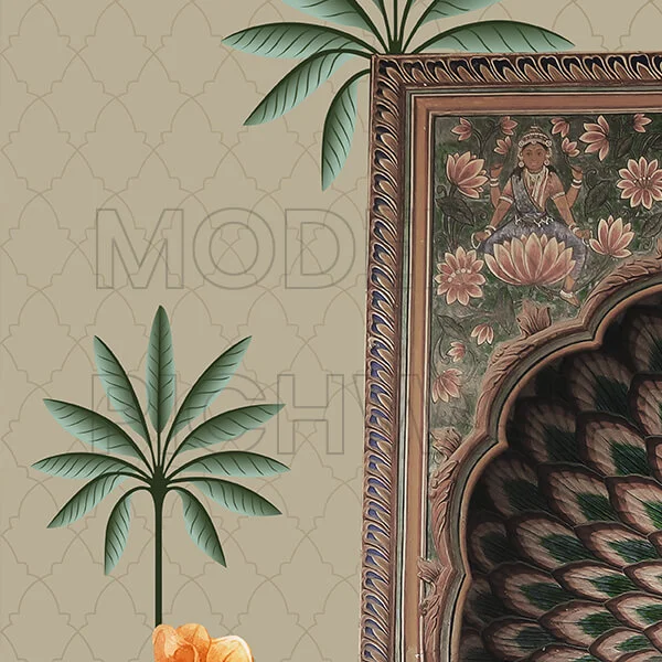 A Beautiful Contemporary Pichwai Nandi with Traditional Gate and Flowers Background