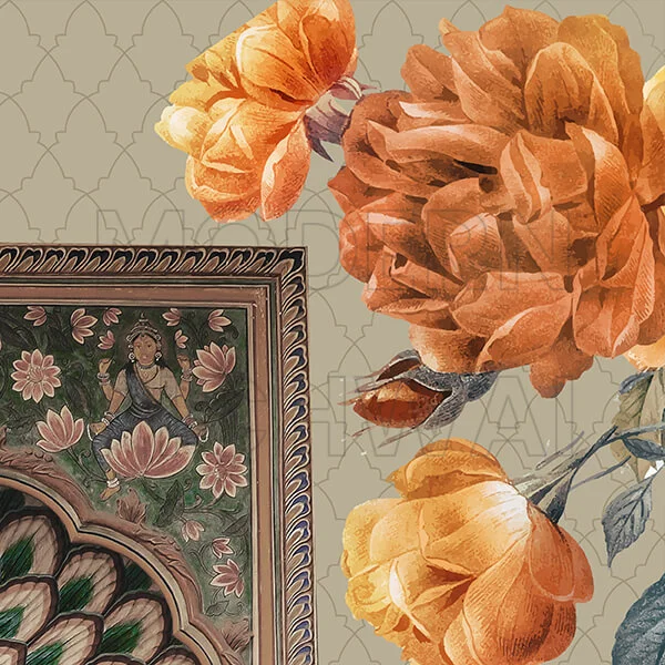 A Beautiful Contemporary Pichwai Nandi with Traditional Gate and Flowers Background