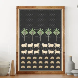 Beautiful Contemporary Digital Pichwai Painting of Nandi, Lotus, and Tree for Home Wall Decor