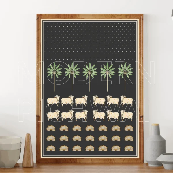 Beautiful Contemporary Digital Pichwai Painting of Nandi, Lotus, and Tree for Home Wall Decor