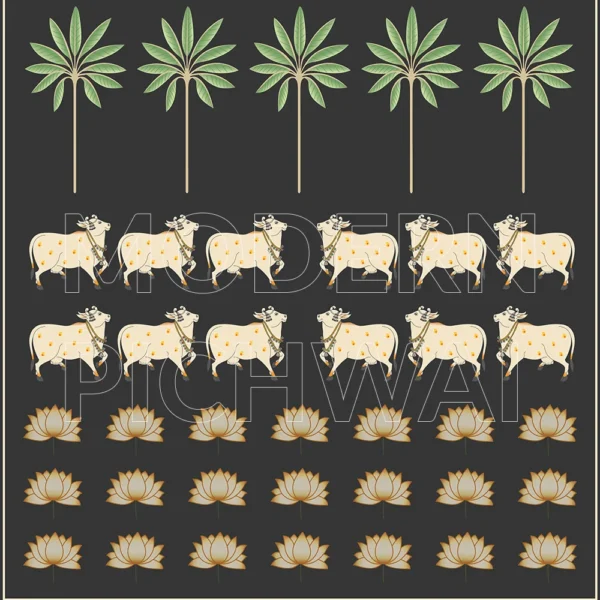 Beautiful Contemporary Digital Pichwai Painting of Nandi, Lotus, and Tree for Home Wall Decor