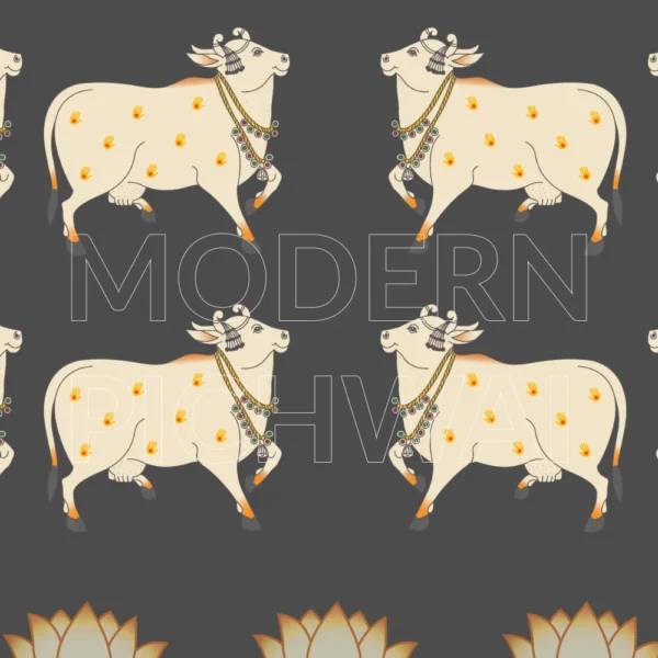 Beautiful Contemporary Digital Pichwai Painting of Nandi, Lotus, and Tree for Home Wall Decor