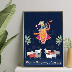 Sharad Poornima Shreenathji and Nandi Digital Pichwai Painting for Home Wall Decor