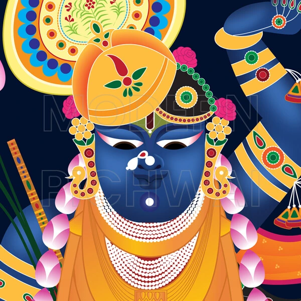 Sharad Poornima Shreenathji and Nandi Digital Pichwai Painting for Home Wall Decor