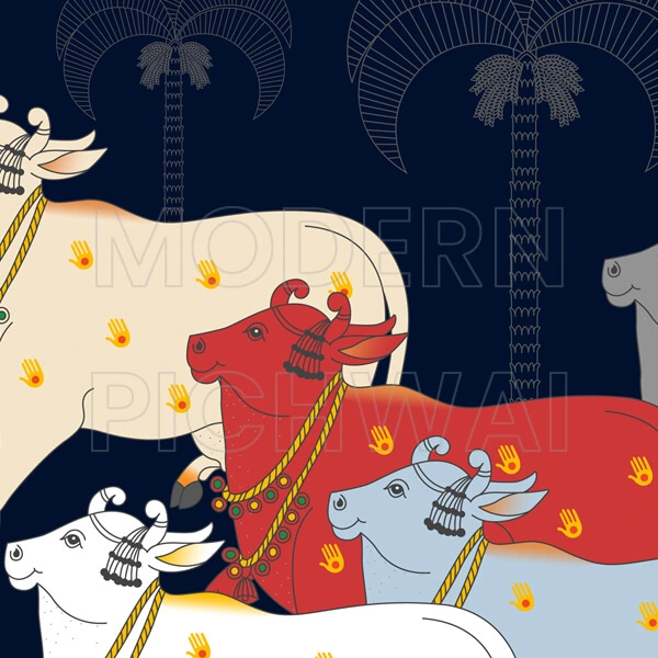Sharad Poornima Shreenathji and Nandi Digital Pichwai Painting for Home Wall Decor