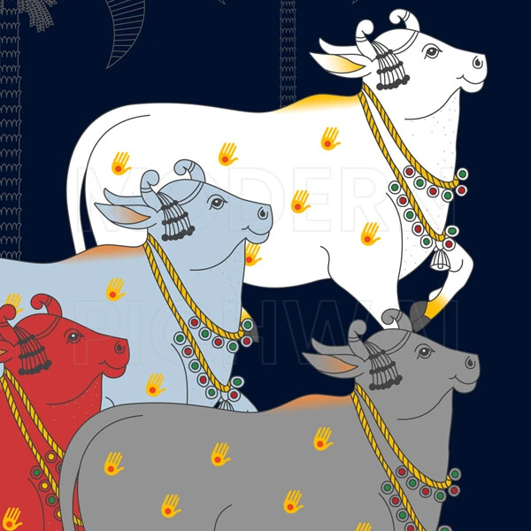 Sharad Poornima Shreenathji and Nandi Digital Pichwai Painting for Home Wall Decor