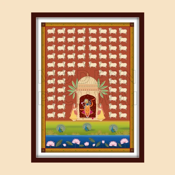 Shreenathji Digital Painting with Nandi, Peacock, Lotus for Pooja Room