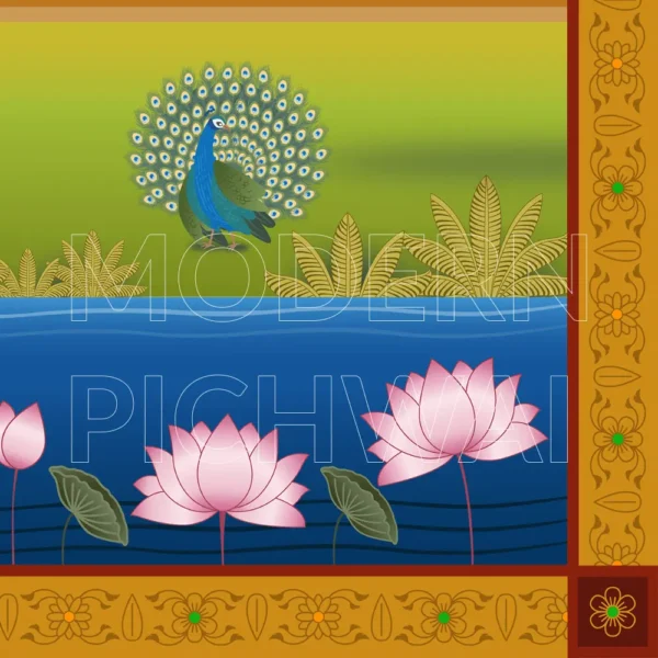 Shreenathji Digital Painting with Nandi, Peacock, Lotus for Pooja Room