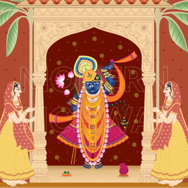 Shreenathji Digital Painting with Nandi, Peacock, Lotus for Pooja Room