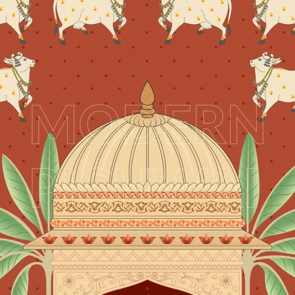 Shreenathji Digital Painting with Nandi, Peacock, Lotus for Pooja Room