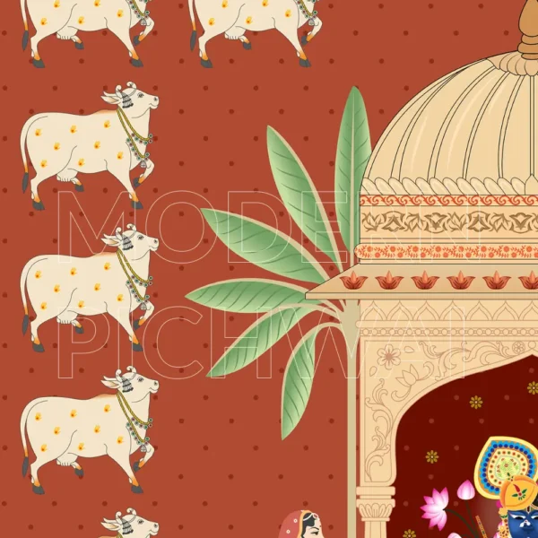 Shreenathji Digital Painting with Nandi, Peacock, Lotus for Pooja Room