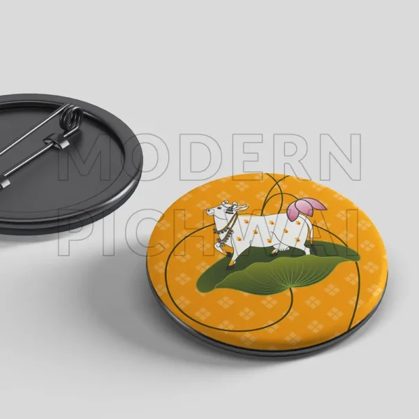 Sacred Cow on Lotus Leaf Bag Badges (Set of 5) | Traditional Motif on Mustard Yellow Pichwai Badges