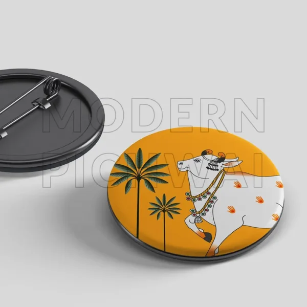 Sacred Cow & Palm Trees Bag Badges (set of 5)| Vibrant Mustard Yellow Pichwai Art Badges