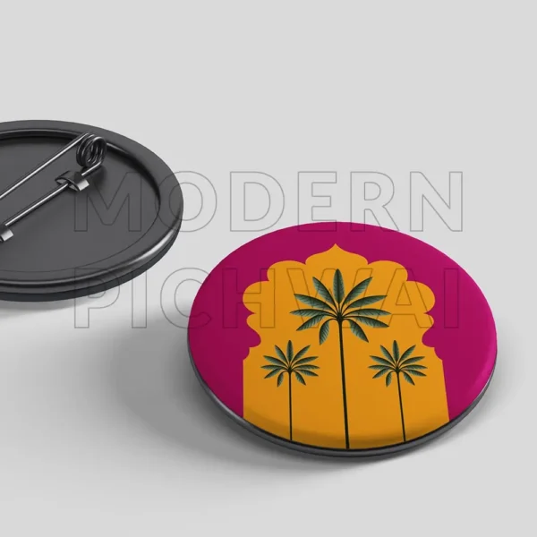 Palm Trees in Royal Arch Frame Bag Badge (Set of 5)| Pink & Mustard Aesthetic Pichwai Art Badges