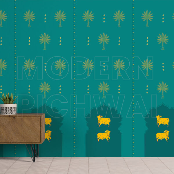 Pichwai Cow in Arch – Green Palm Heaven Wallpaper
