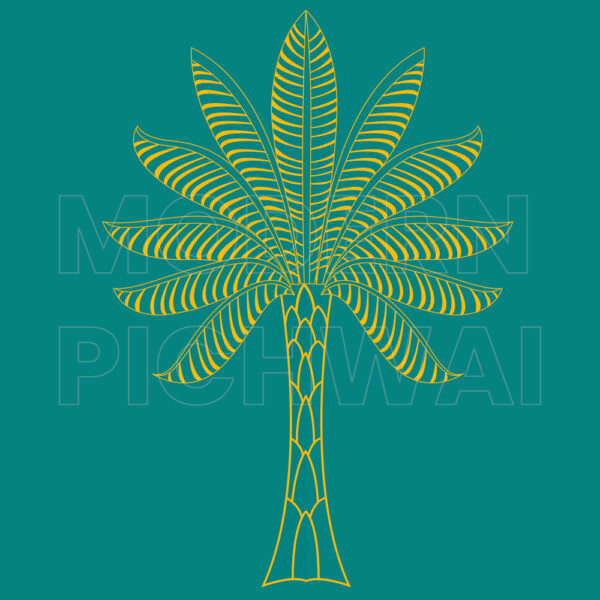 Pichwai Cow in Arch – Green Palm Heaven Wallpaper