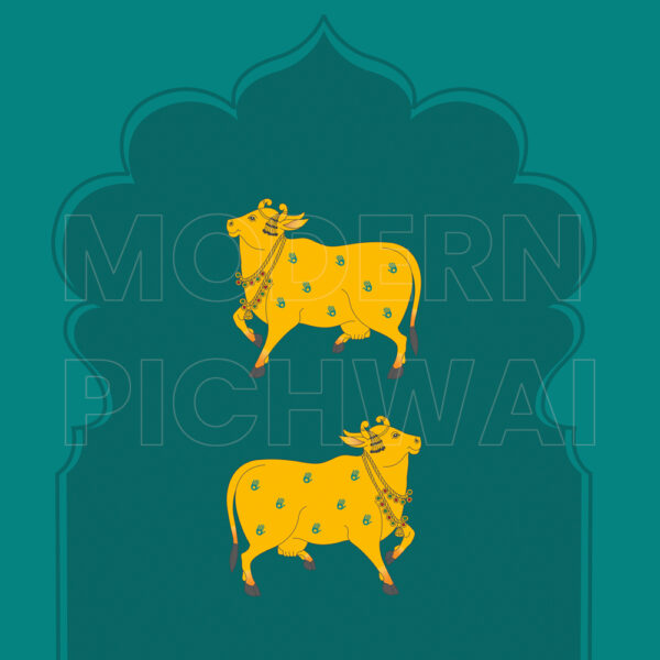 Pichwai Cow in Arch – Green Palm Heaven Wallpaper